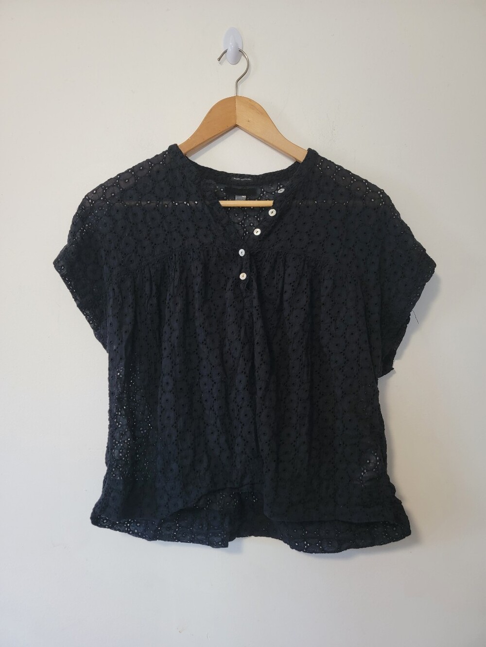 MOTHER Black Eyelet Henley Blouse
